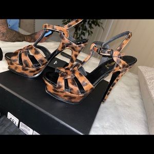 YSL Tribute Leopard Calf Hair Platform Sandals
